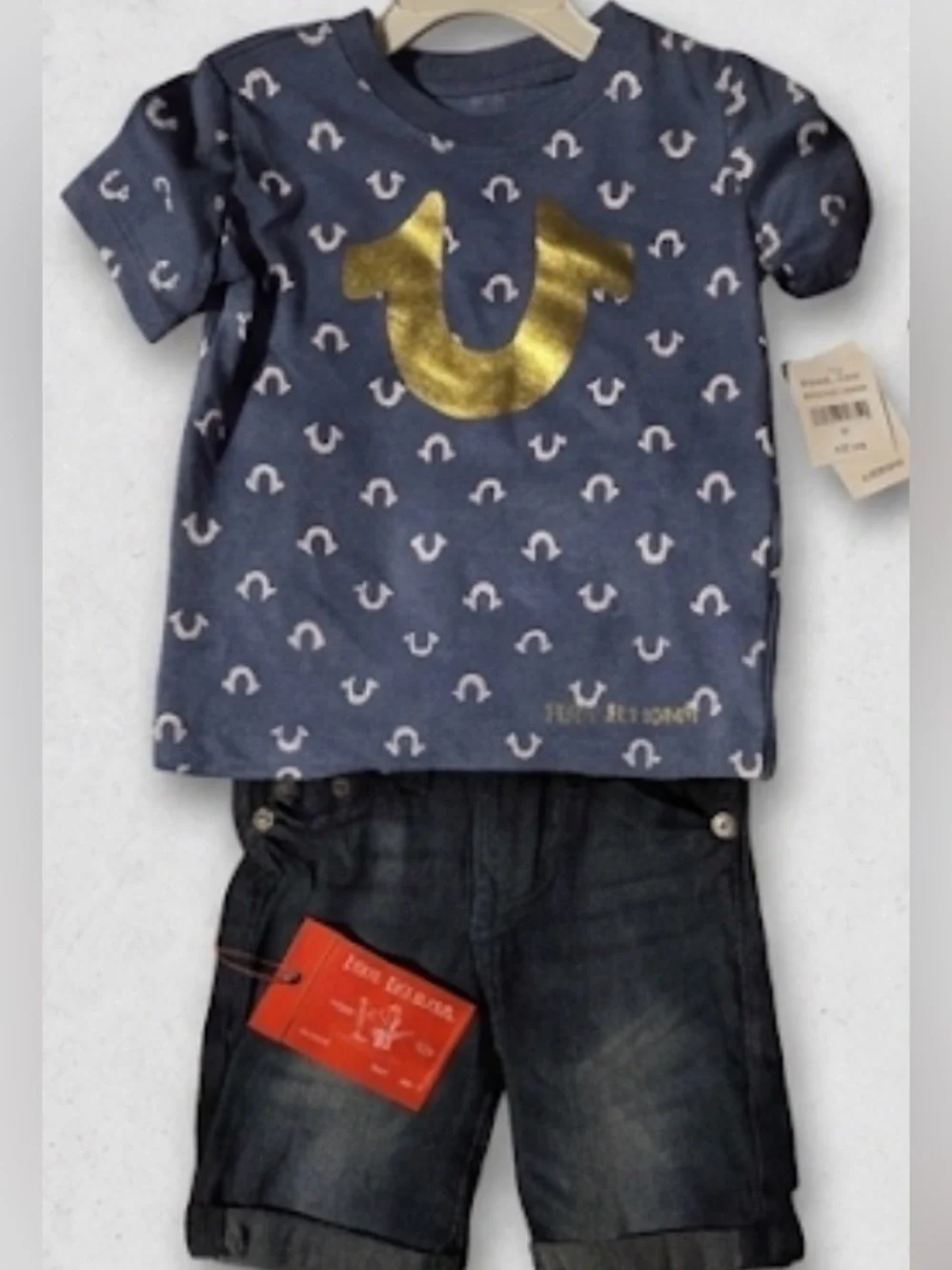 True Religion Navy Tee with Gold Horseshoe & Dark Denim Shorts